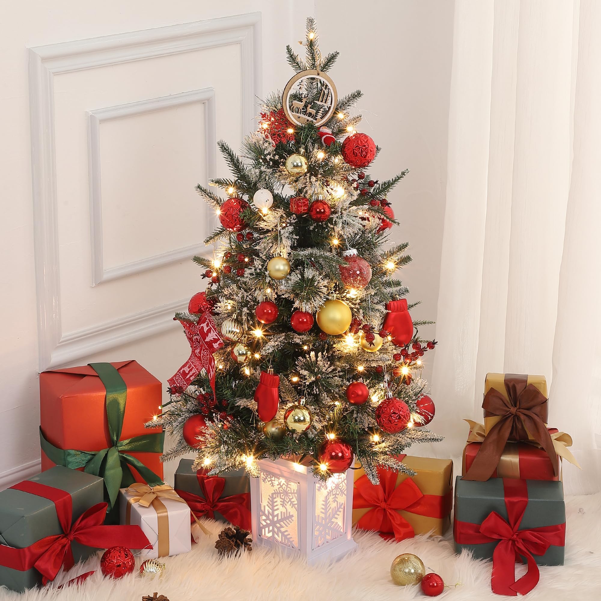 GAOMON 3 Ft Christmas Tree with 78 Led Lights, Pre-Lit Artificial Christmas Trees with Potted Base, Snow Flocked, Battery Operated, Xmas Tree for Home Decor - Image 6