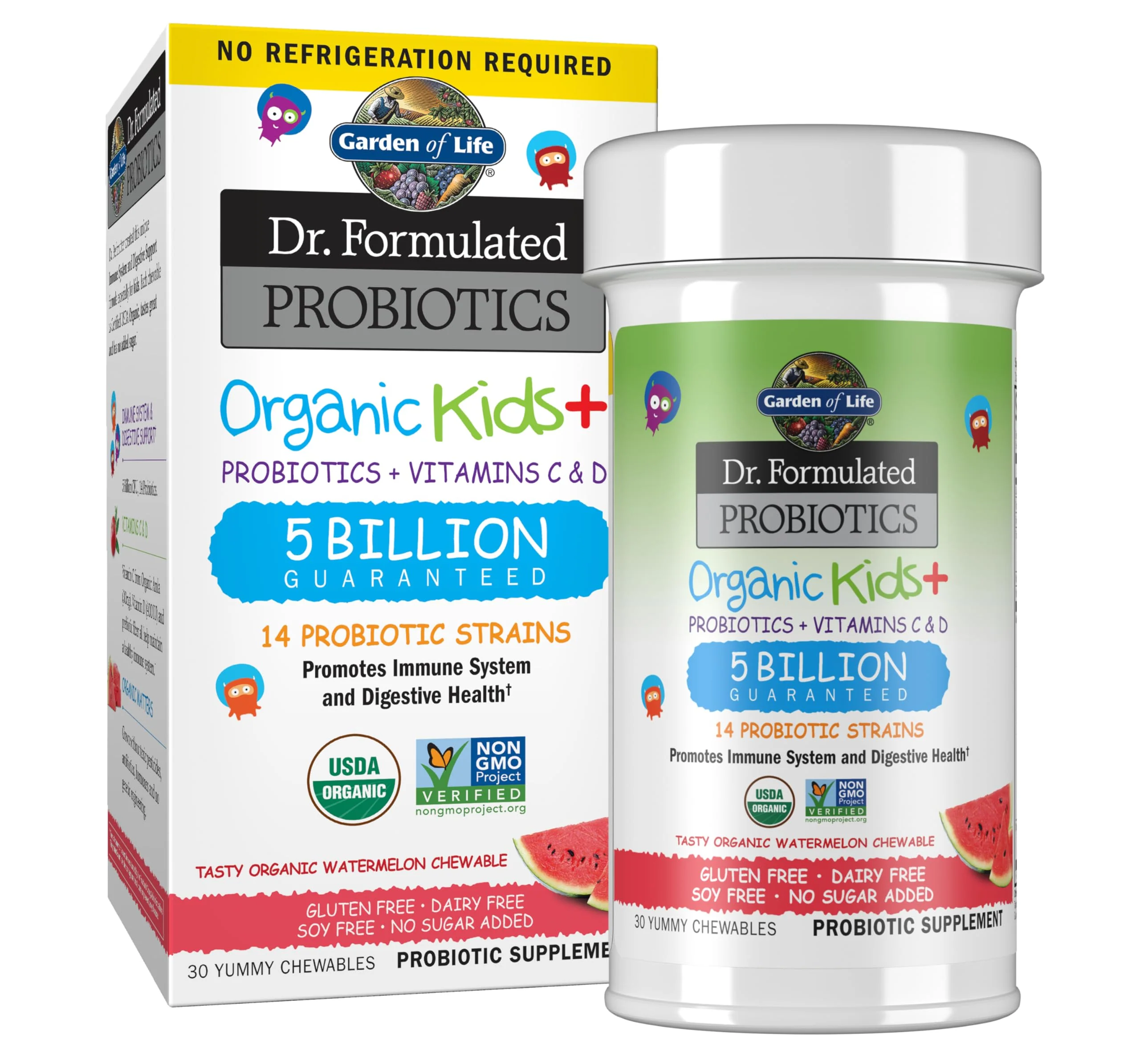 Garden of Life Dr. Formulated Probiotics Organic Kids+ plus Vitamin C & D - Watermelon - Gluten, Dairy & Soy Free Immune & Digestive Health Supplement, No Added Sugar, 30 Chewables (Shelf Stable)