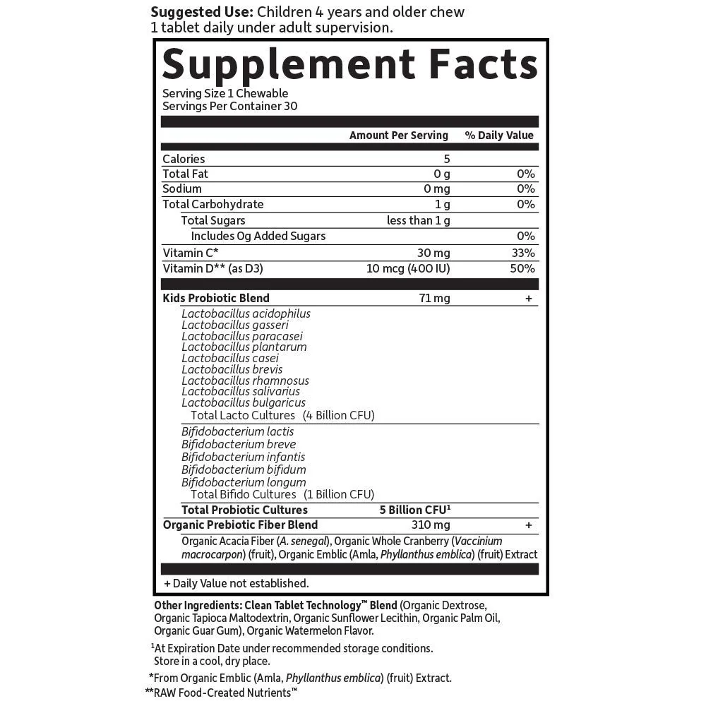 Garden of Life Dr. Formulated Probiotics Organic Kids+ plus Vitamin C & D - Watermelon - Gluten, Dairy & Soy Free Immune & Digestive Health Supplement, No Added Sugar, 30 Chewables (Shelf Stable) - Image 3
