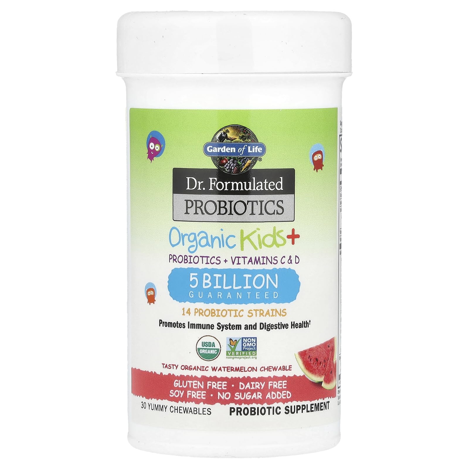 Garden of Life Dr. Formulated Probiotics Organic Kids+ plus Vitamin C & D - Watermelon - Gluten, Dairy & Soy Free Immune & Digestive Health Supplement, No Added Sugar, 30 Chewables (Shelf Stable) - Image 6