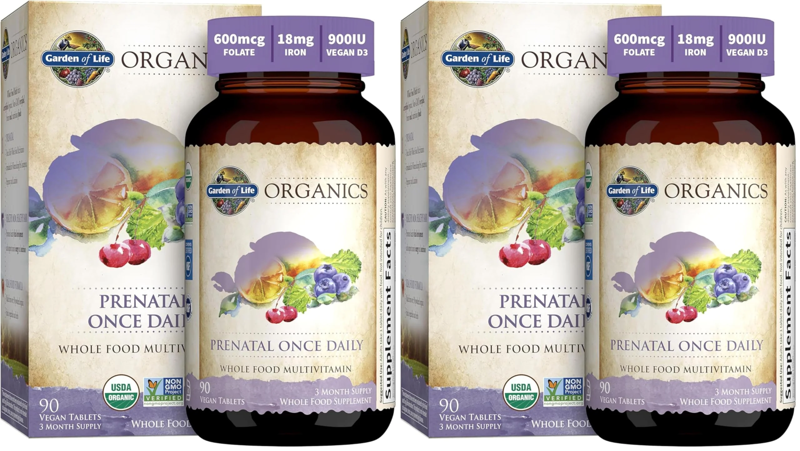 Garden of Life Prenatal Vitamins for Women, Organics Folate for Energy & Healthy Fetal Development,Non-constipating Iron,Vitamin C, B6, B12, D3,Non-GMO,Gluten-Free, Vegan, 90 Day Supply (Pack of 2)