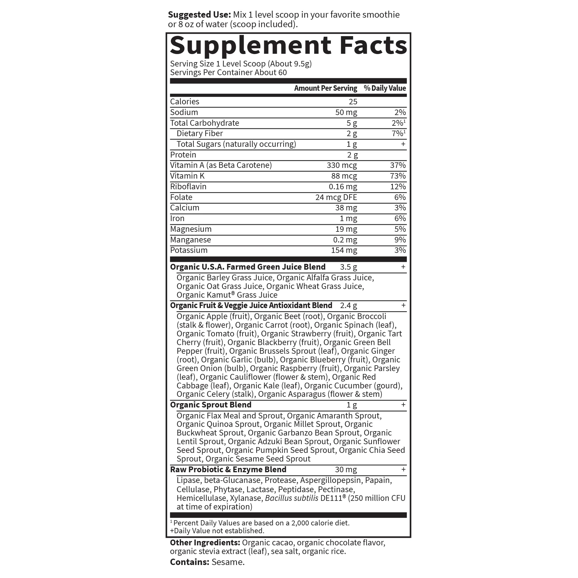 Garden of Life Raw Organic Perfect Food Green Superfood Juiced Greens Powder - Chocolate, 60 Servings, Non-GMO, Gluten Free, Vegan Whole Food Dietary Supplement, Plus Probiotics, Enzymes - Image 7