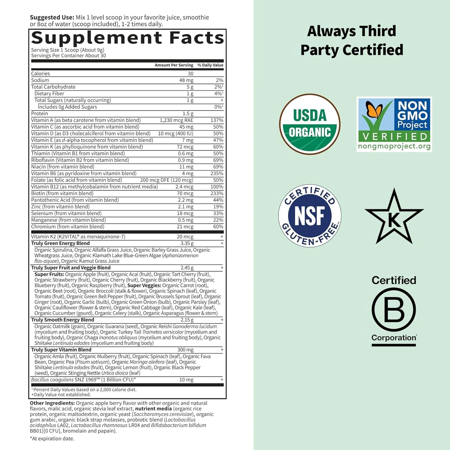 Garden of Life Sport Nutrition Greens and Superfoods Powder - Apple Berry, Organic Athletic Powder Blend with Fruits, Vitamins, Pre & Probiotics, Mushrooms Supplements, Vitamin K2, About 30 Servings - Image 2