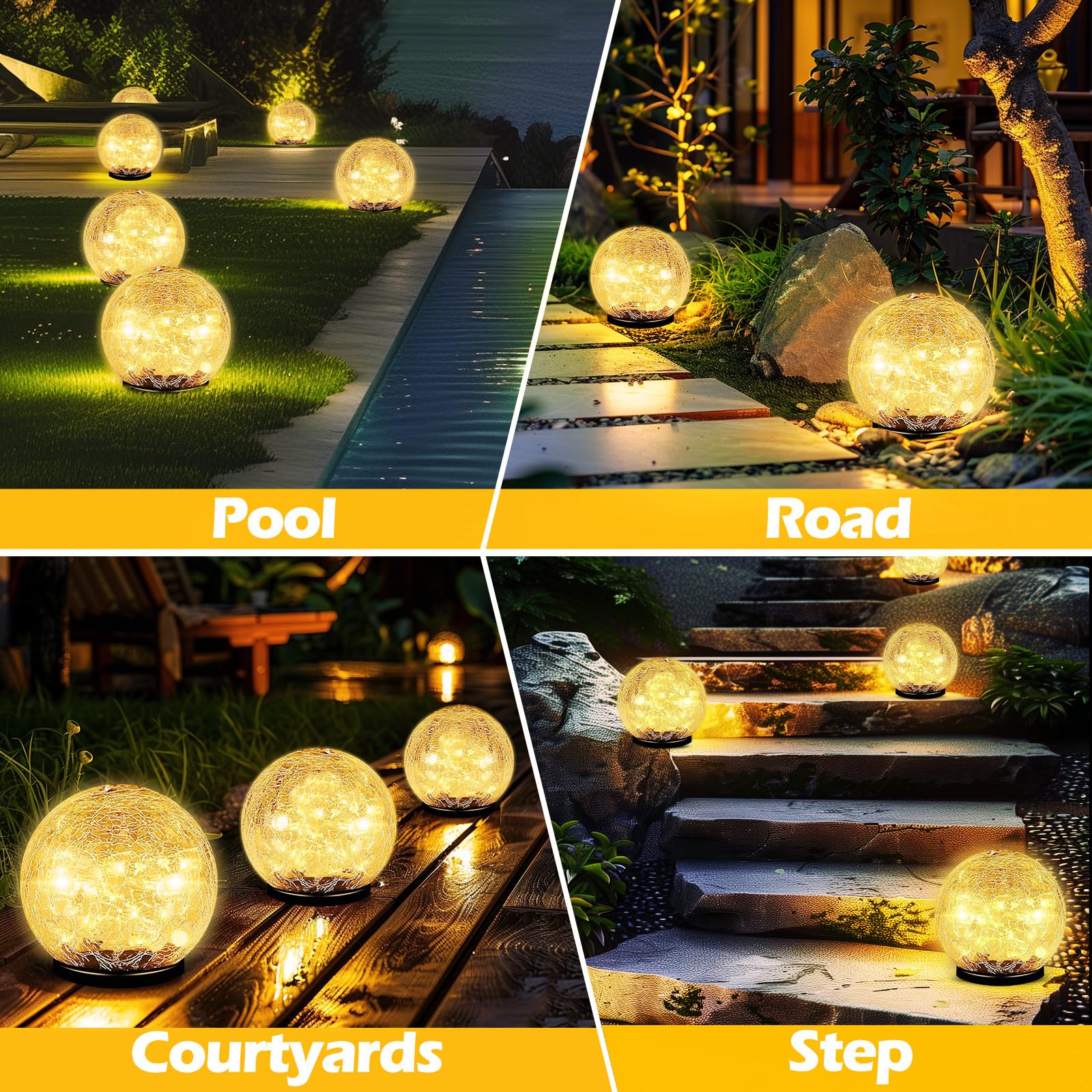 Garden Solar Ball Lights Outdoor Waterproof, 50 LED Cracked Glass Globe Solar Power Ground Lights for Path Yard Patio Lawn, Christmas Decoration Landscape Warm White(2 Pack 4.7'') - Image 2
