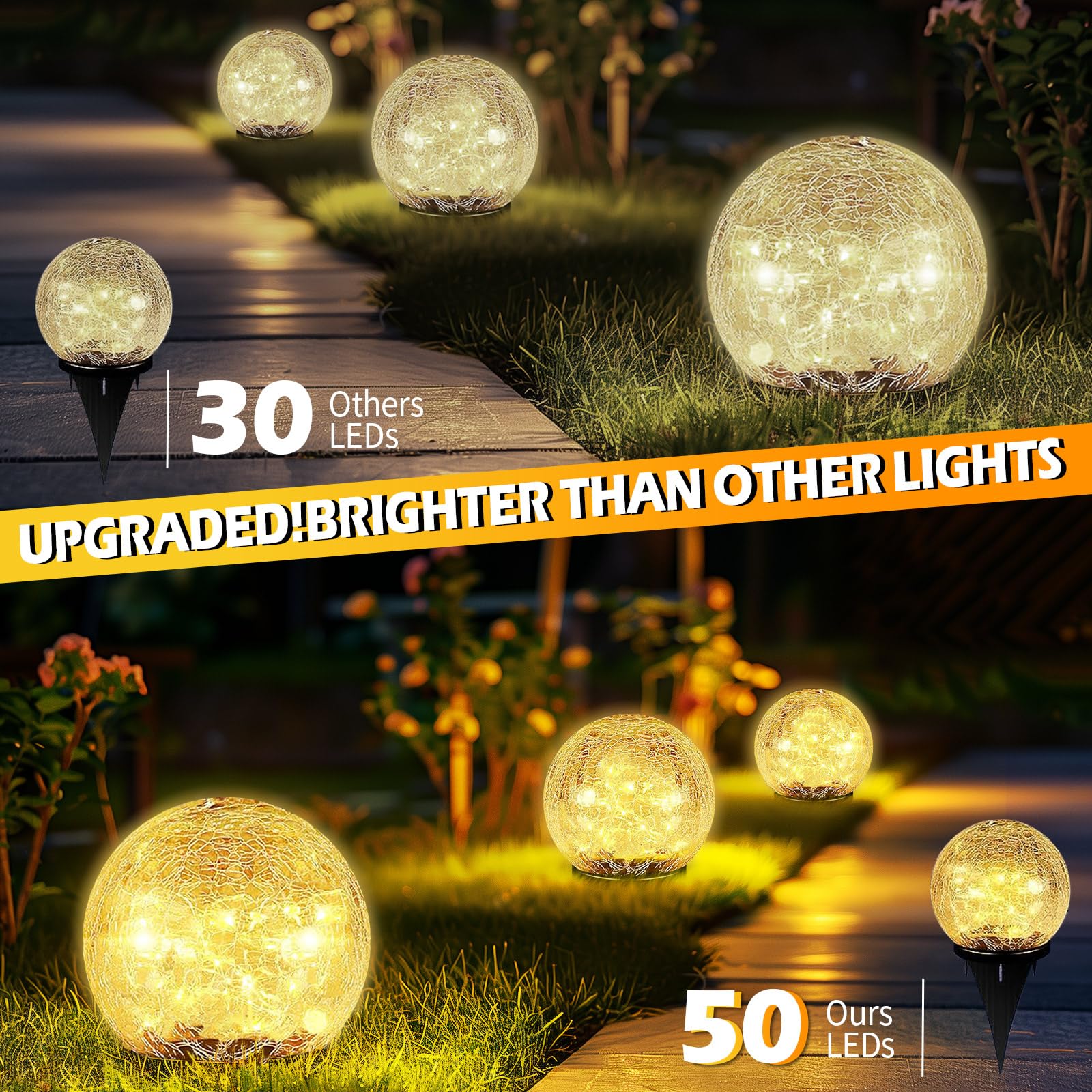 Garden Solar Ball Lights Outdoor Waterproof, 50 LED Cracked Glass Globe Solar Power Ground Lights for Path Yard Patio Lawn, Christmas Decoration Landscape Warm White(2 Pack 4.7'') - Image 7