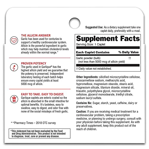 Garlique Garlic Extract Supplement, Healthy Cholesterol Formula, Odorless & Vegan-Friendly, 60 Caplets - Image 2