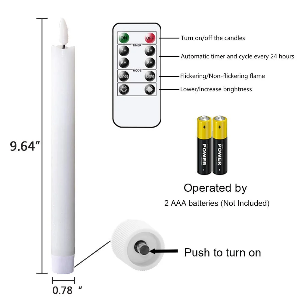 GenSwin Flameless White Taper Candles Flickering with 10-Key Remote, Battery Operated Led Warm 3D Wick Light Window Candles Real Wax Pack of 6, Christmas Home Wedding Decor(0.78 X 9.64 Inch) - Image 2