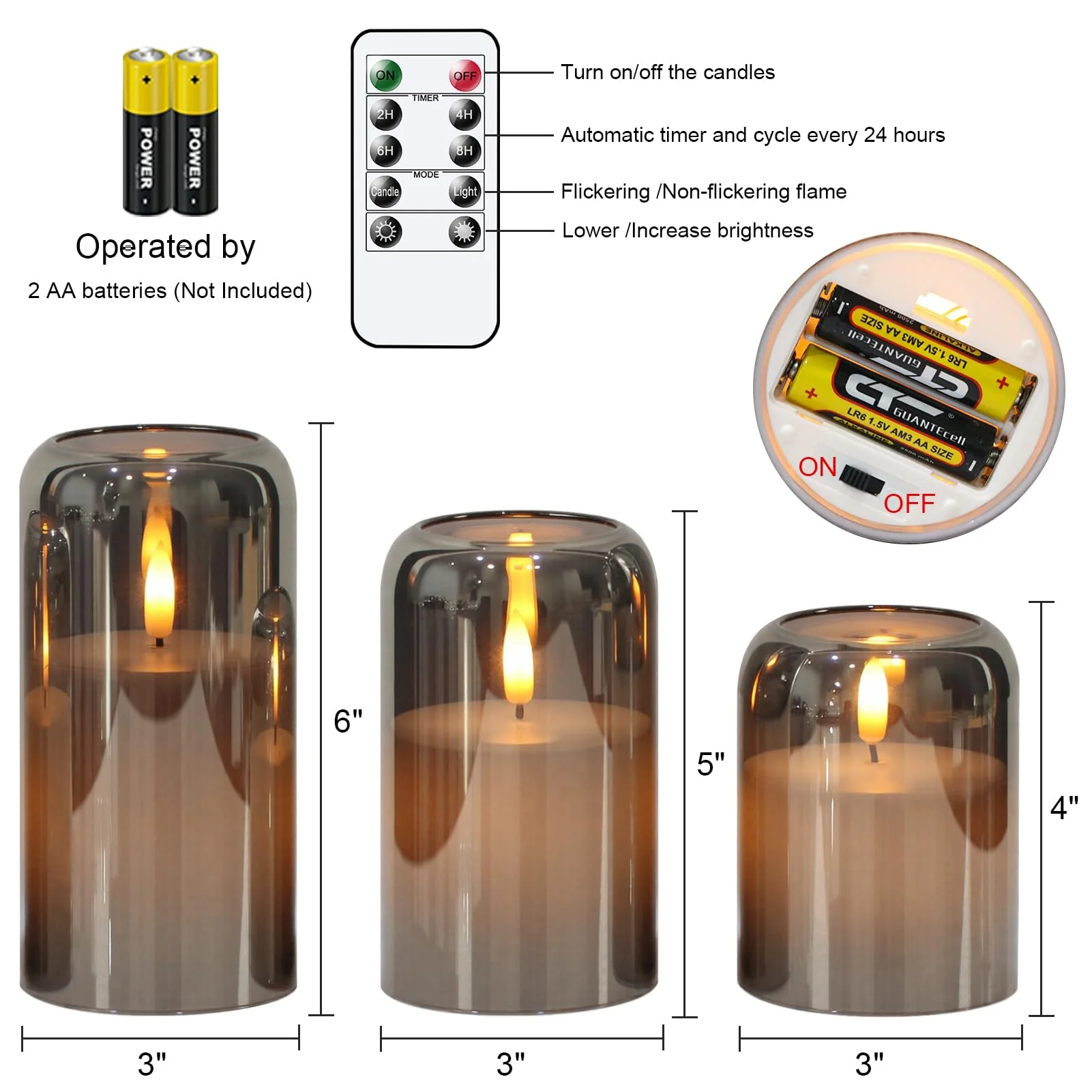 GenSwin Glass LED Candles with Remote Timer, Black Flameless Candles Battery Operated with Flickering Flame, Glass and Real Wax Pillar Candle for Halloween Christmas Home Decor(Set of 3, D3”x4”5”6”) - Image 6