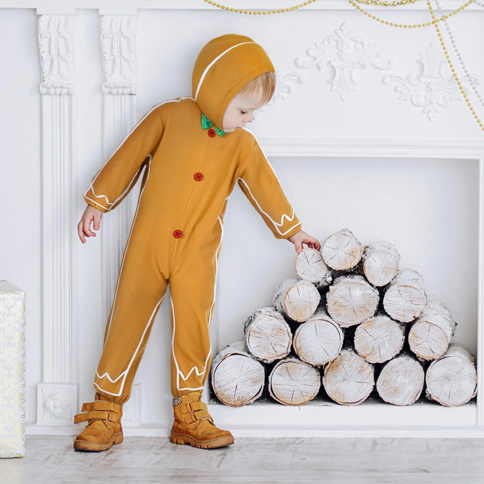 Geyoga Gingerbread Man Costume for Kids Home Clothing Christmas Gingerbread Outfit Bodysuit Hooded Unisex(Classic,5-6 Years) - Image 2