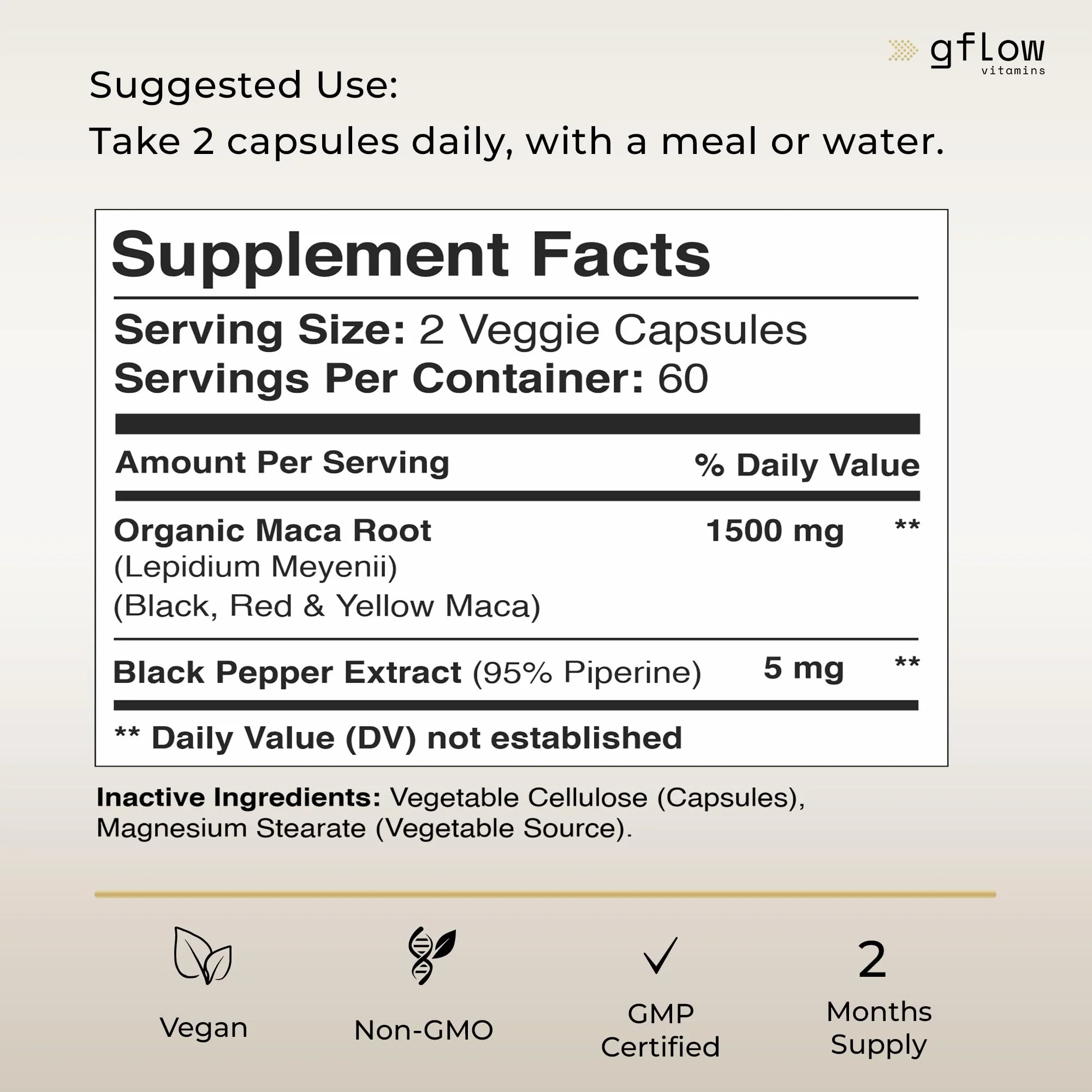 gflow vitamins Organic Maca Root Capsules 1500mg - Made with Black, Red, Yellow Peruvian Maca Root Extract & Black Pepper - 120 Vegan Pills - Supports Energy, Performance & Mood for Men & Women - Image 6