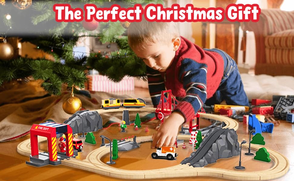 Giant bean 72PCS Fire Station Wooden Train Track Electric Train Set, Gift Packed Toy Railway Kits for Kids, Toddler Boys and Girls 3,4,5 Years Old and Up, Christmas Birthday Gift Toy for Kids - Image 13
