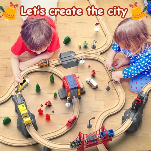 Giant bean 72PCS Fire Station Wooden Train Track Electric Train Set, Gift Packed Toy Railway Kits for Kids, Toddler Boys and Girls 3,4,5 Years Old and Up, Christmas Birthday Gift Toy for Kids - Image 2