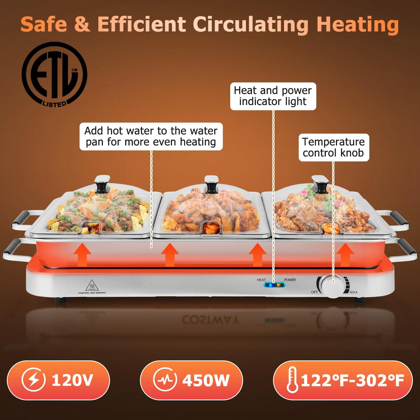 Giantex Buffet Server & Electric Food Warmer, 2-in-1 Food Warming Tray, Adjustable Temperature, 3 Food Pans with Lids, Dishwasher Safe, 8 QT Stainless Steel Chafing Dishes for Parties Holiday Events - Image 8