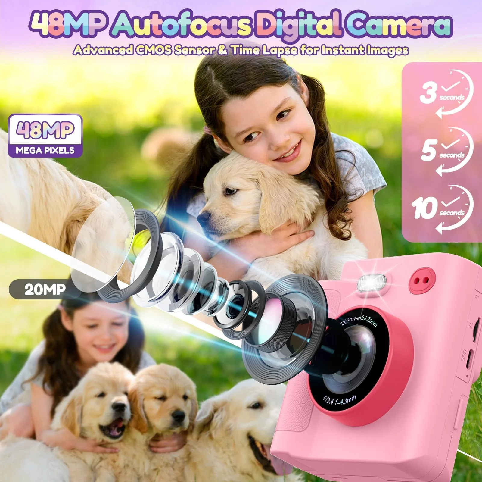 Gift for Girls Kids Camera: Instant Print Dual Lens Digital Camera Toys for Girl 3-12 Birthday Christmas Valentines Gifts for Kid Girls Boys Ages 3 4 5 6 7 8 9 10 with 32G SD Card Storage Bag Pink - Image 5