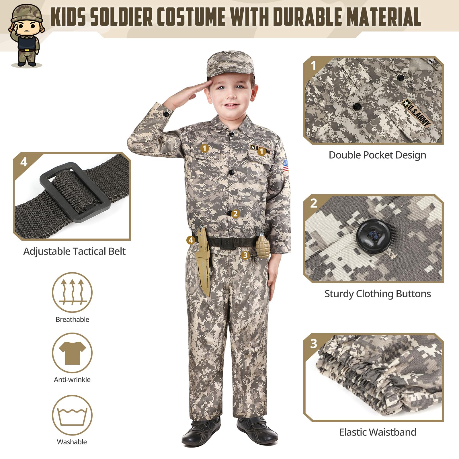 GIFTINBOX Kids Army Soldier Dress Up Costume Role Play Set, Deluxe Christmas Gift for Kids Boys Aged 3-13 Size M - Image 7