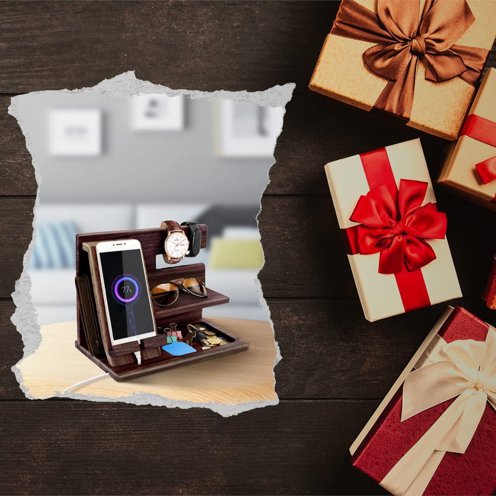 Gifts for Men Bedside Organiser Wood Phone Docking Station Dad Birthday Gifts for Him Nightstand Key Wallet Watch Stand Mens Gifts for Xmas Presents for Dad Husband Boyfriend Anniversary & Christmas - Image 2