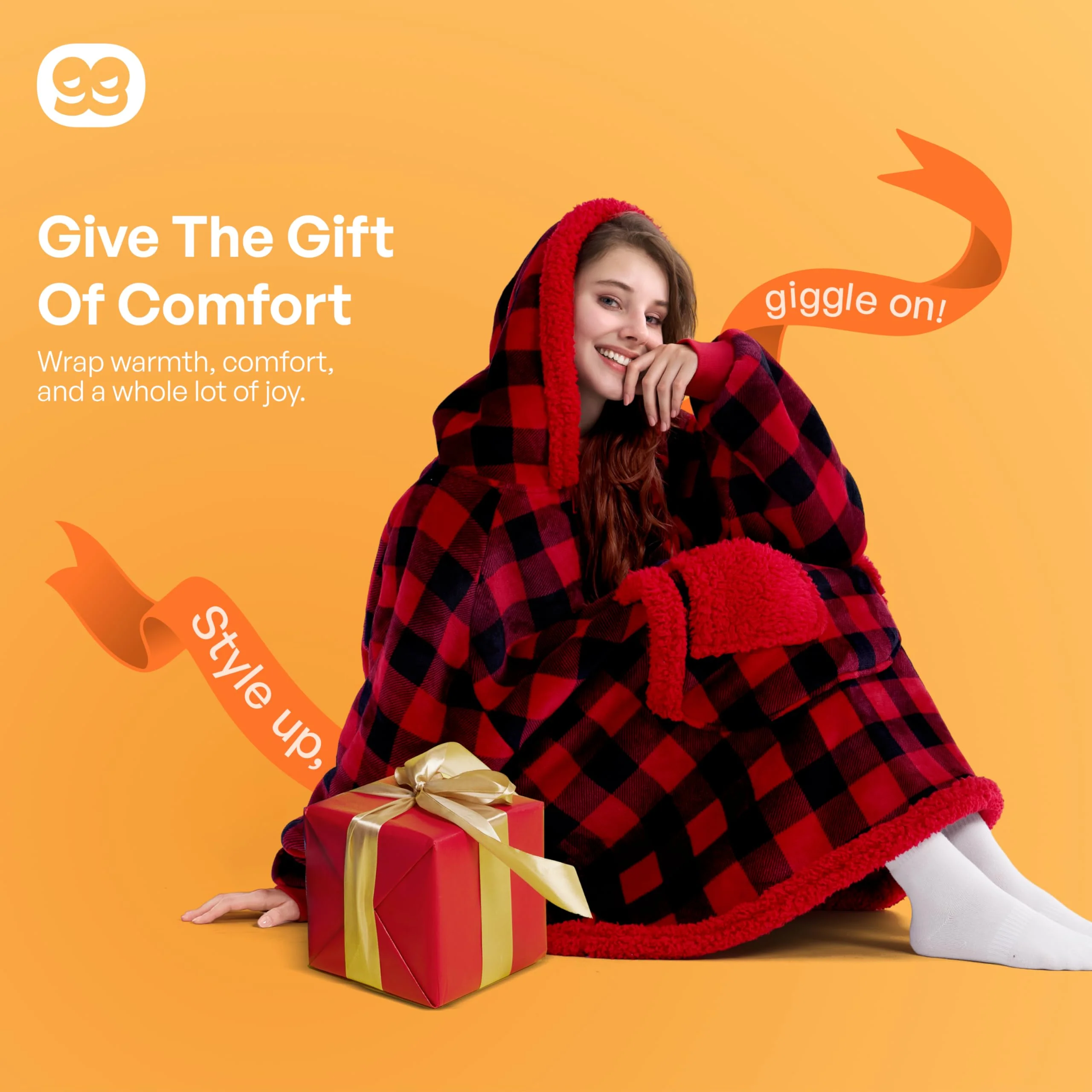 Giggling Getup Wearable Blanket Hoodie for Adults Gifts for Teen Girls Sister Women Sherpa Fleece Printed Hooded Blanket Sweatshirt Warm Cozy with Pocket & Sleeves Red and Black Plaid - Image 2