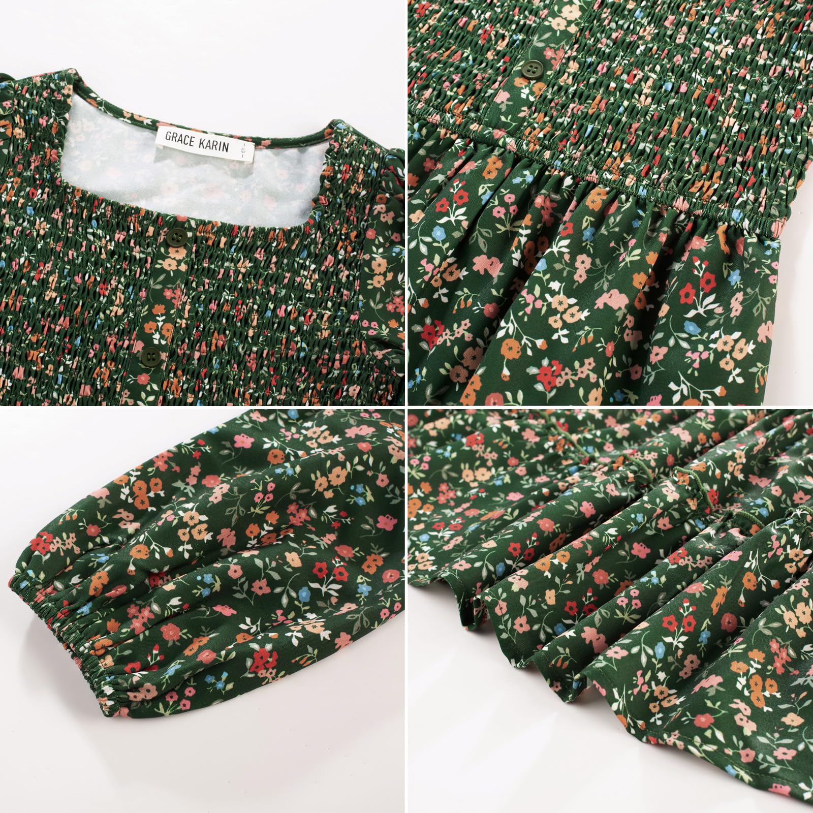 Girls Green Dress Fall Long Sleeve Floral Square Neck Button Smock Front Ruffle Tiered Christmas Dresses Fashion Outfit - Image 3