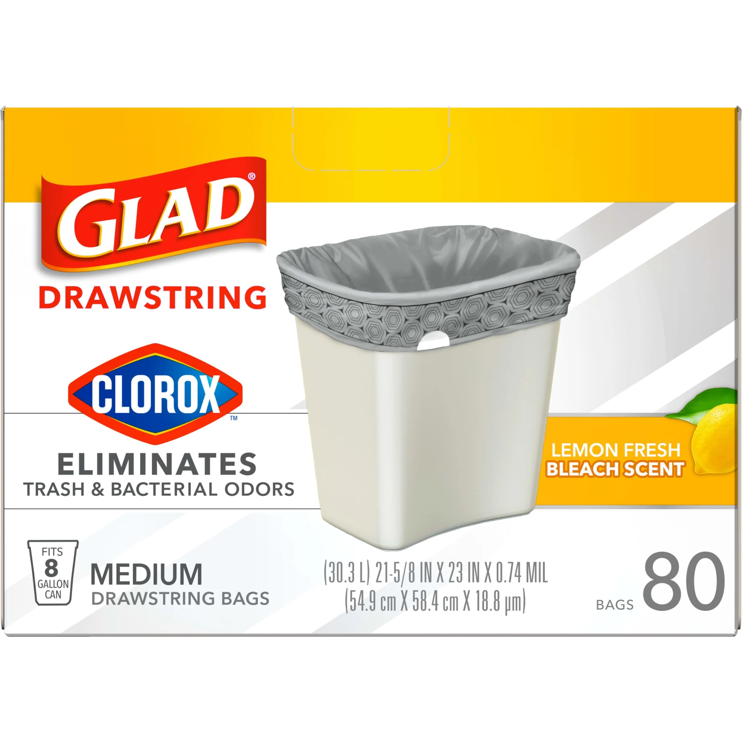 Glad Medium Drawstring Trash Bags with Clorox, 8 Gal, Lemon Fresh Bleach, 80 Ct (Package May Vary) - Image 2