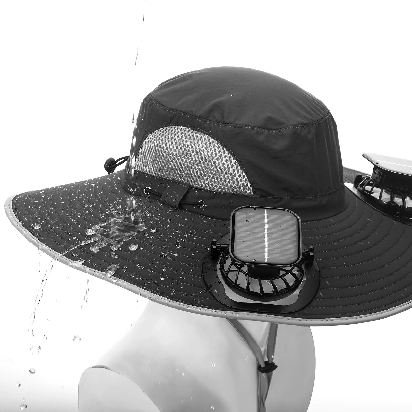Glitopper 2 Set Wide Brim Solar Fan Hats with 2 Solar Fan and Arm Sleeves Set Outdoor Fishing Bucket Hat for Men Women Hiking(Black and Light Gray,Simplicity) - Image 3