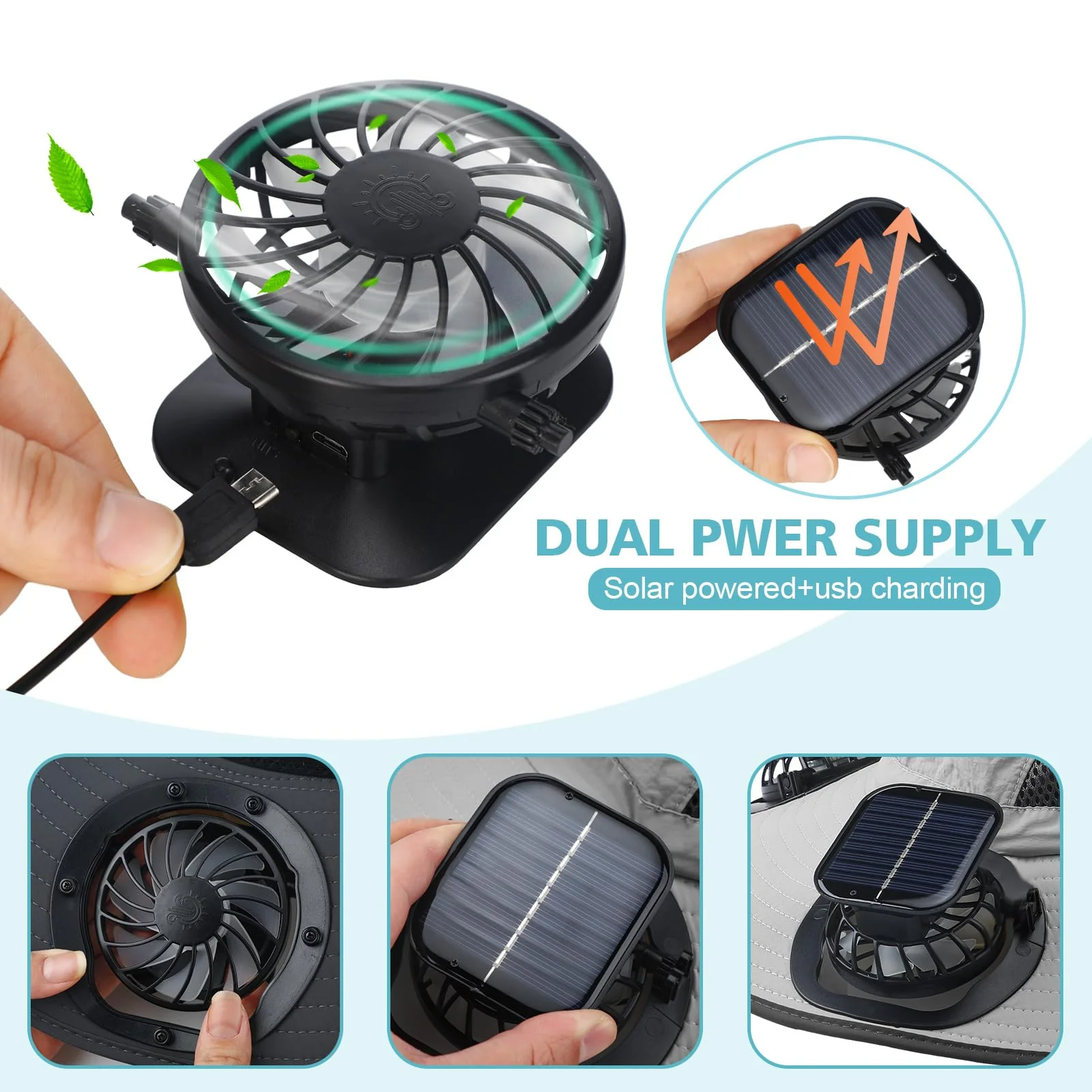Glitopper 2 Set Wide Brim Solar Fan Hats with 2 Solar Fan and Arm Sleeves Set Outdoor Fishing Bucket Hat for Men Women Hiking(Black and Light Gray,Simplicity) - Image 5