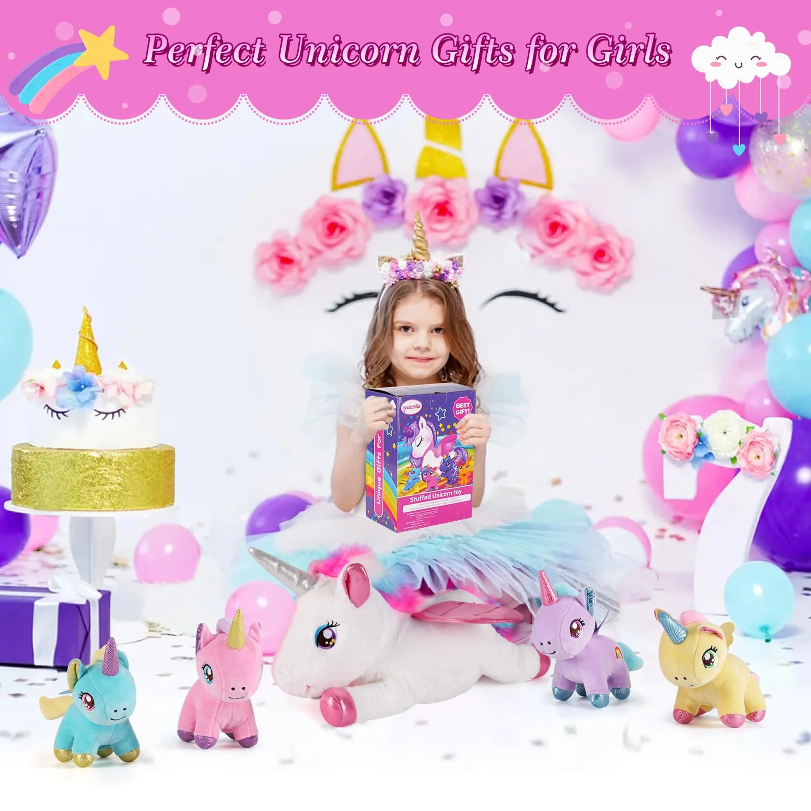 gnomantic 5 Pieces Unicorn Stuffed Animals - 1 Mommy Stuffed Unicorn with 4 Babies - Unicorns Gifts for Girls Ages 3 4 5 6 7 8, Unicorns Plush Toys for Christmas, Valentine's, Birthday Gifts (Pink) - Image 3
