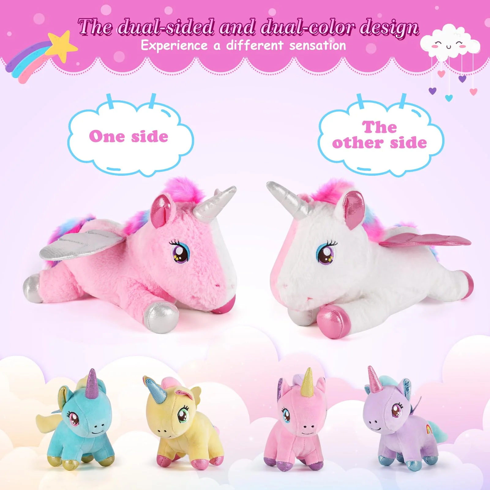 gnomantic 5 Pieces Unicorn Stuffed Animals - 1 Mommy Stuffed Unicorn with 4 Babies - Unicorns Gifts for Girls Ages 3 4 5 6 7 8, Unicorns Plush Toys for Christmas, Valentine's, Birthday Gifts (Pink) - Image 4