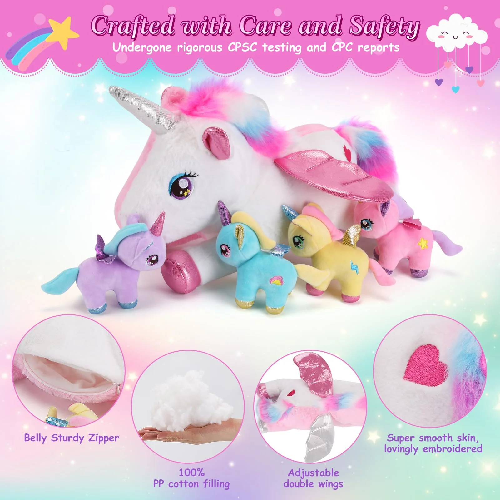 gnomantic 5 Pieces Unicorn Stuffed Animals - 1 Mommy Stuffed Unicorn with 4 Babies - Unicorns Gifts for Girls Ages 3 4 5 6 7 8, Unicorns Plush Toys for Christmas, Valentine's, Birthday Gifts (Pink) - Image 5