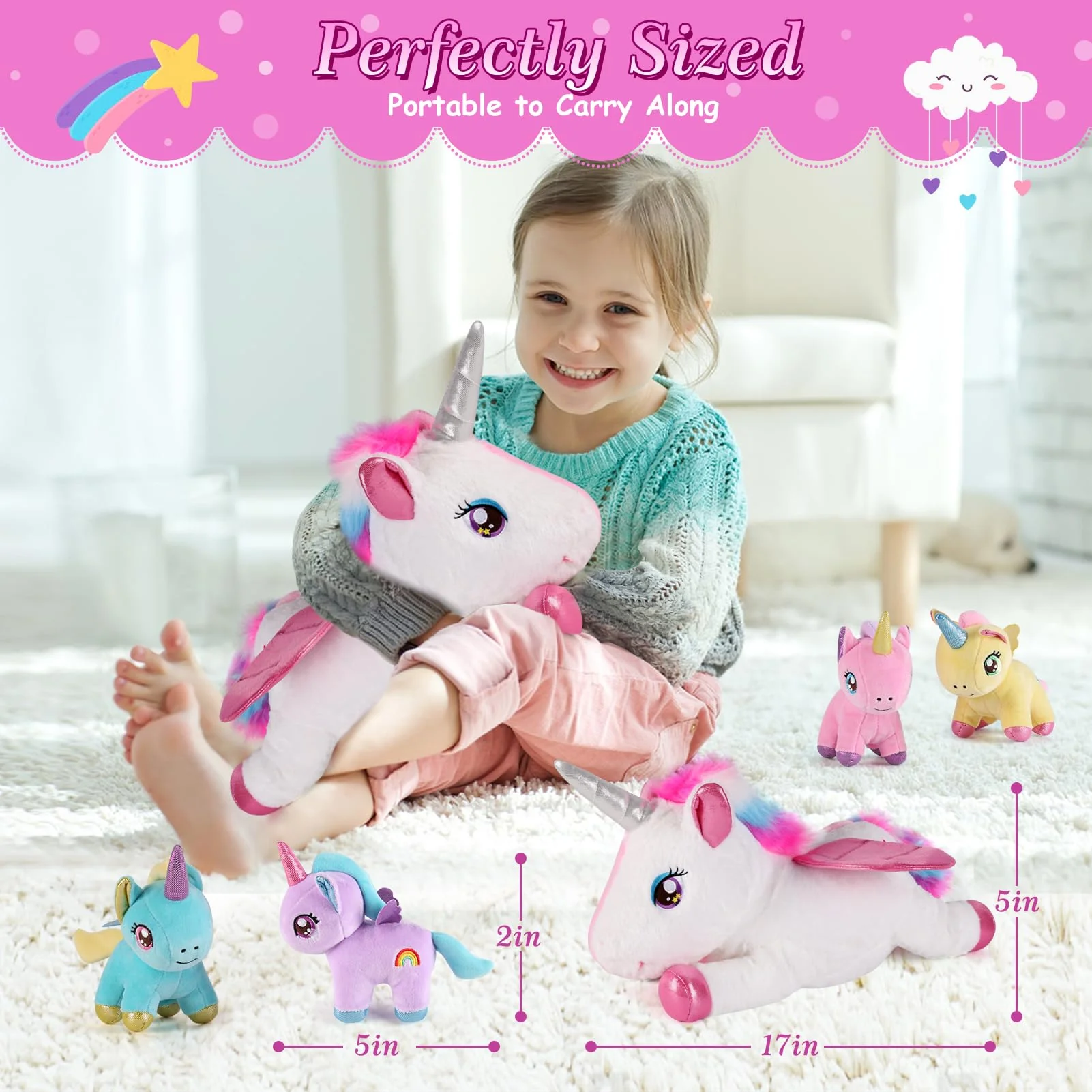 gnomantic 5 Pieces Unicorn Stuffed Animals - 1 Mommy Stuffed Unicorn with 4 Babies - Unicorns Gifts for Girls Ages 3 4 5 6 7 8, Unicorns Plush Toys for Christmas, Valentine's, Birthday Gifts (Pink) - Image 6