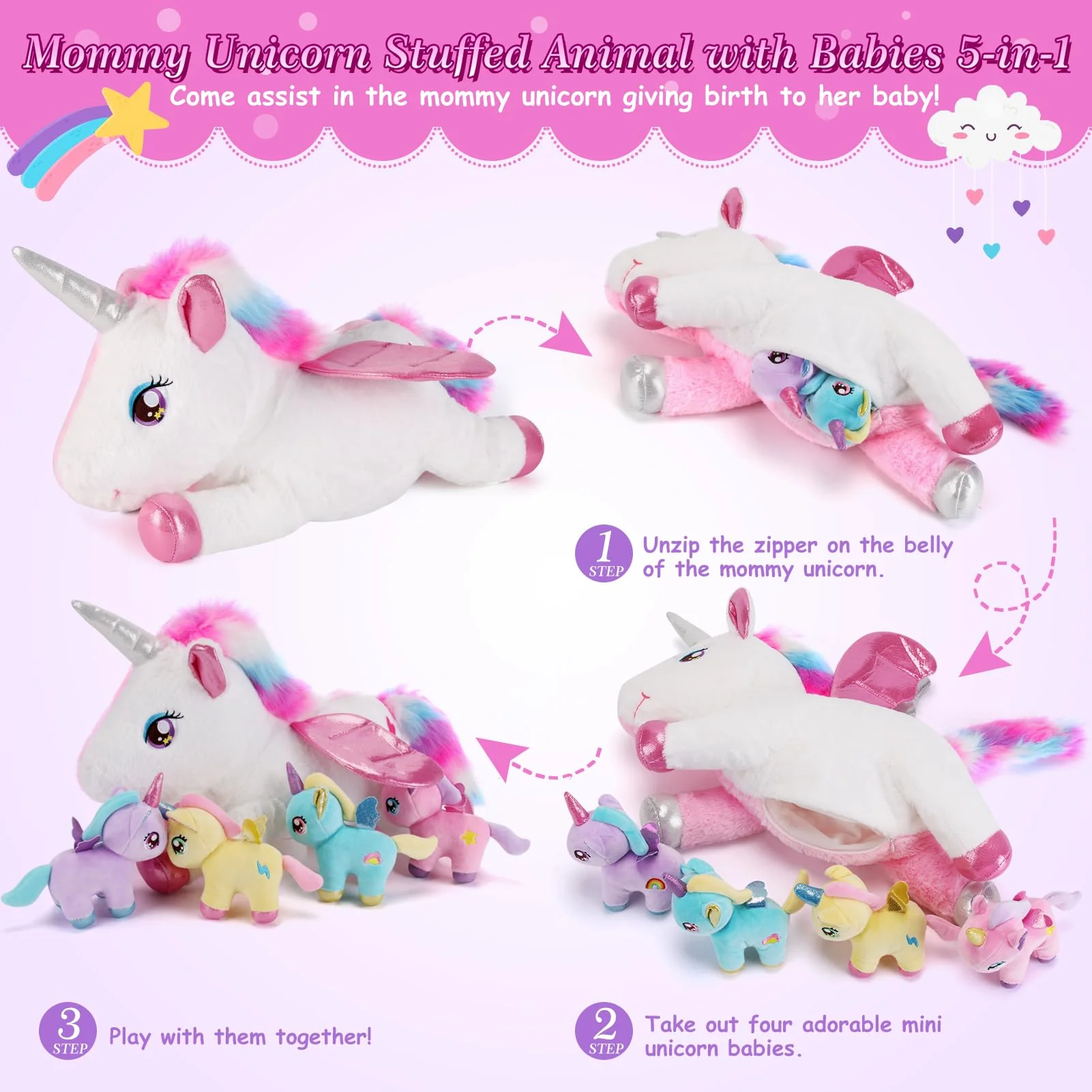 gnomantic 5 Pieces Unicorn Stuffed Animals - 1 Mommy Stuffed Unicorn with 4 Babies - Unicorns Gifts for Girls Ages 3 4 5 6 7 8, Unicorns Plush Toys for Christmas, Valentine's, Birthday Gifts (Pink) - Image 7