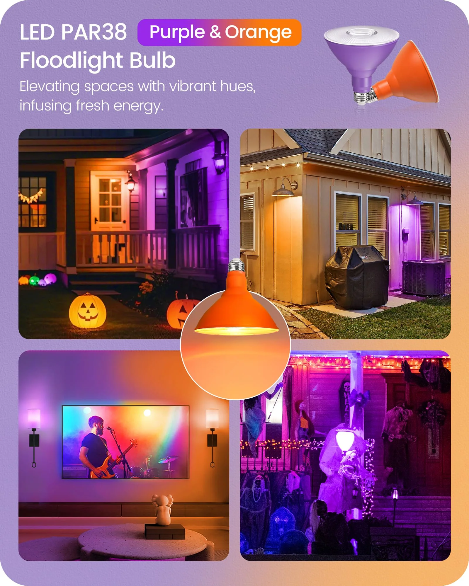 GOEBLESON 4-Set PAR38 LED Floodlights, Purple and Orange LED Bulbs, 18W Dimmable (120W Equiv.), E26 Base, Festival-Ready for Halloween, Christmas and Creative Parties, GZ04R3P405 - Image 6