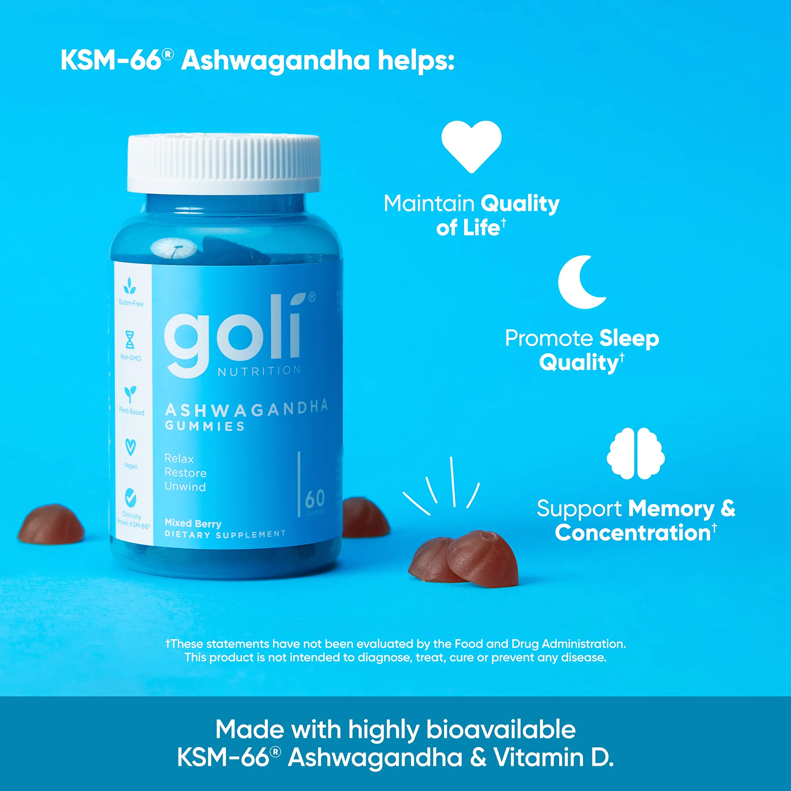 Goli Ashwagandha & Vitamin D Gummy - 180 Count - Mixed Berry, KSM-66, Vegan, Plant Based, Non-GMO, Gluten-Free & Gelatin Free Relax. Restore. Unwind, Pack of 3 - Image 5