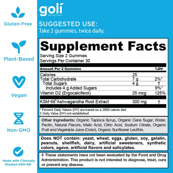 Goli Ashwagandha & Vitamin D Gummy - 300 Count - Mixed Berry, KSM-66, Vegan, Plant Based, Non-GMO, Gluten-Free & Gelatin Free Relax. Restore. Unwind, Pack of 5 - Image 6