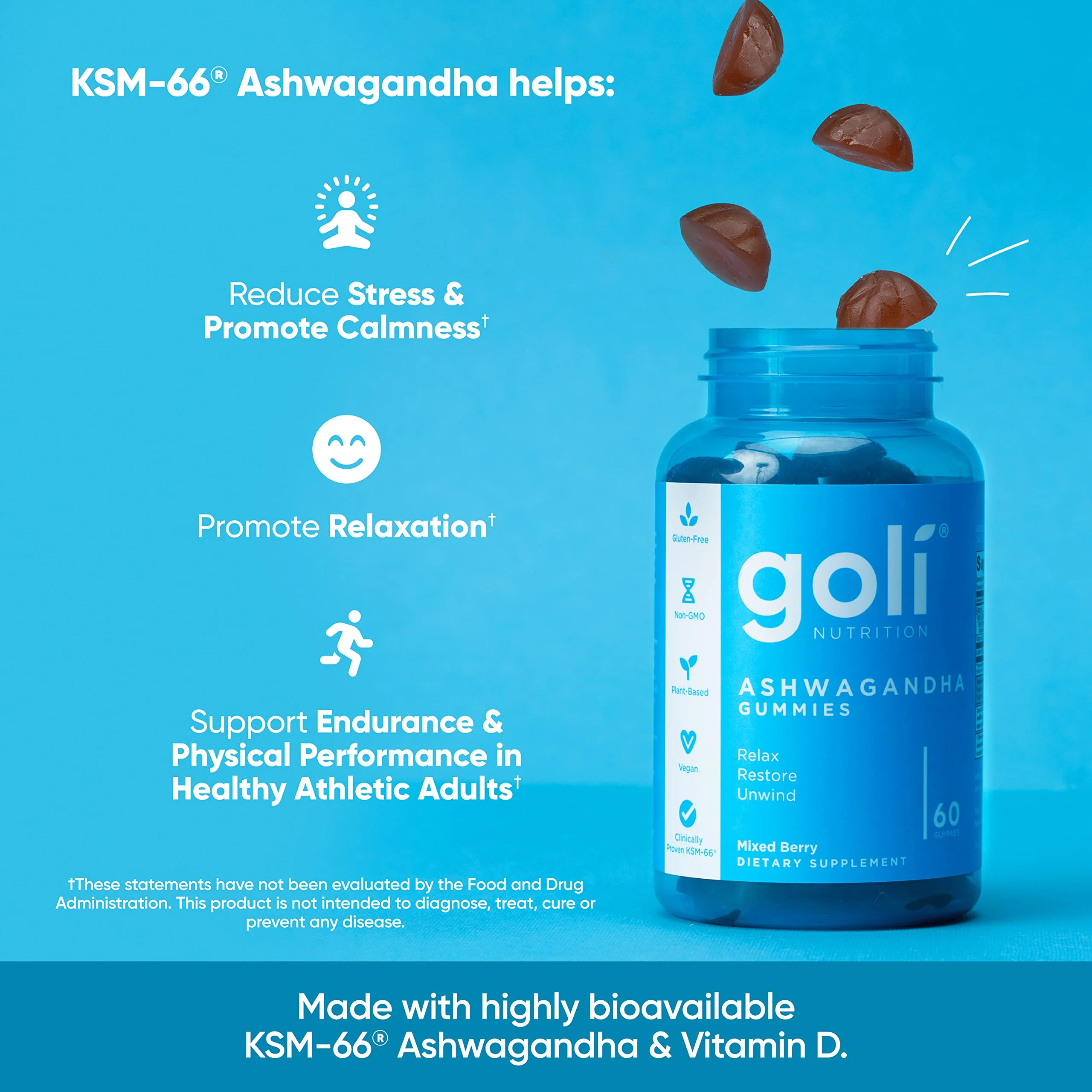 Goli Ashwagandha & Vitamin D Gummy - 300 Count - Mixed Berry, KSM-66, Vegan, Plant Based, Non-GMO, Gluten-Free & Gelatin Free Relax. Restore. Unwind, Pack of 5 - Image 7
