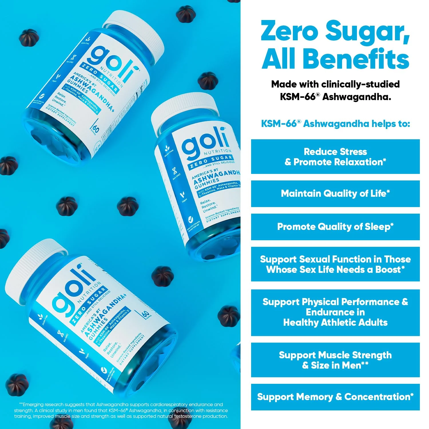 Goli Zero Sugar Ashwagandha & Vitamin D, Maca, L-Theanine Gummies, No Artificial Sweeteners, No Sugar Alcohols. Mixed Berry, KSM-66, Vegan, Plant Based, Non-GMO, Gluten-Free & Gelatin Free. (3) - Image 9
