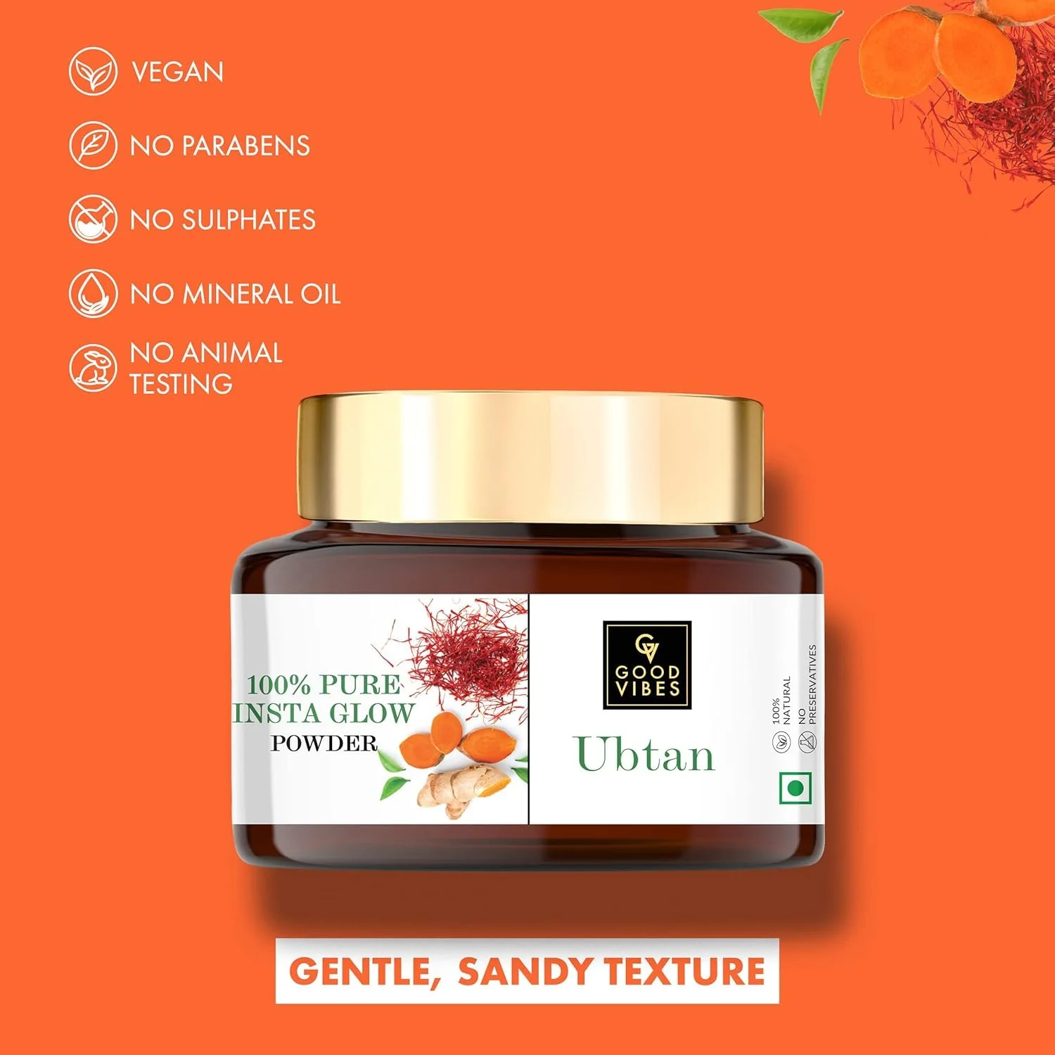 Good Vibes Ubtan Insta Glow Powder for Face | Hydrating Pack with Turmeric Saffron & Sandalwood | Suits All Skin Types | No Parabens Sulfates & Mineral Oil | 5.29 Oz/150g - Image 4