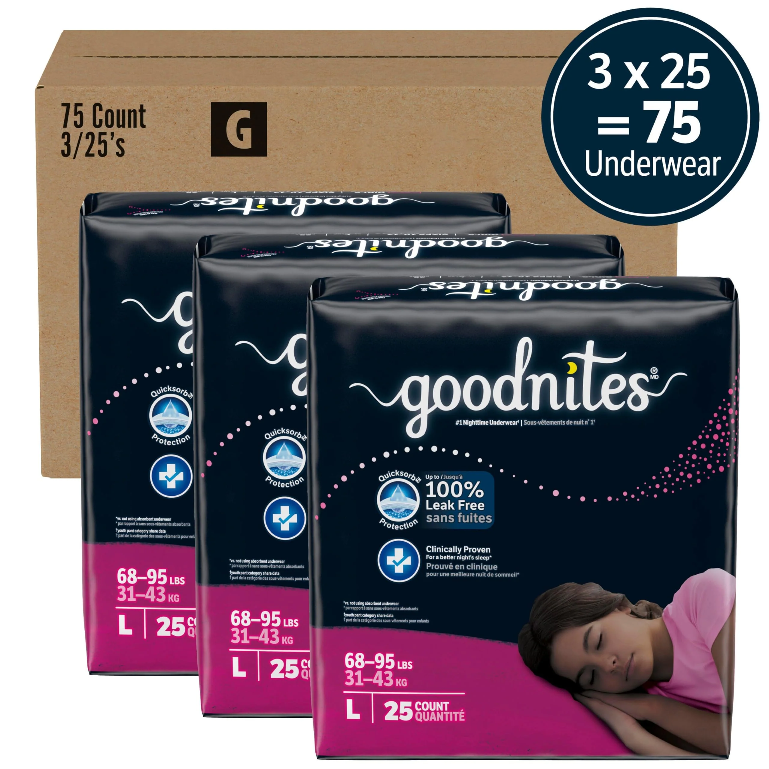 Goodnites Girls' Nighttime Bedwetting Underwear, Size Large (68-95 lbs), 75 Ct (3 Packs of 25), Packaging May Vary - Image 10