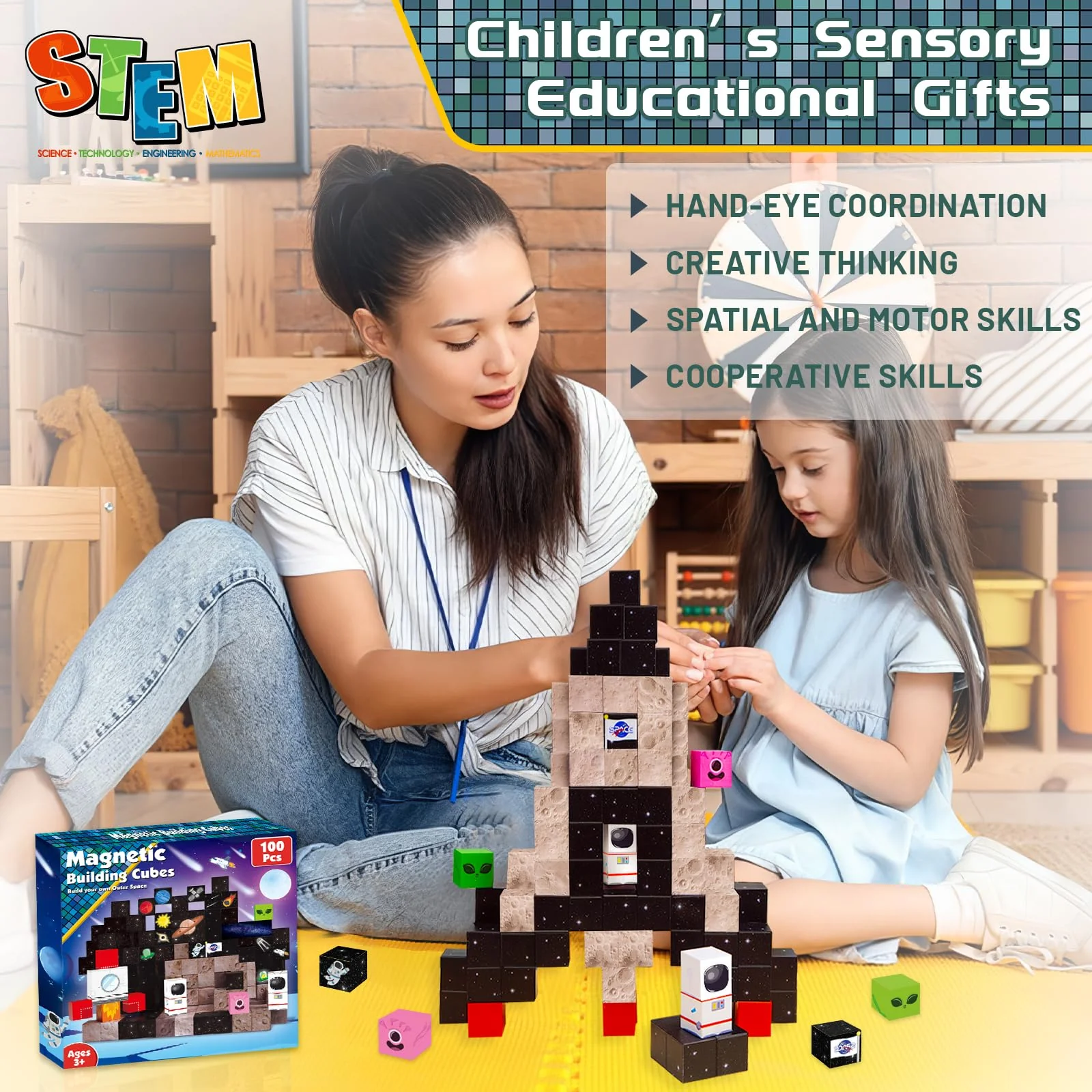 Goody King 100PCS Space Rocket Magnetic Building Blocks |Space Adventure Magnetic Tile Set, STEM Montessori Stacking Toy, Building Playsets for Boys and Girls Ages 3-10,Sensory Tile Christmas - Image 2