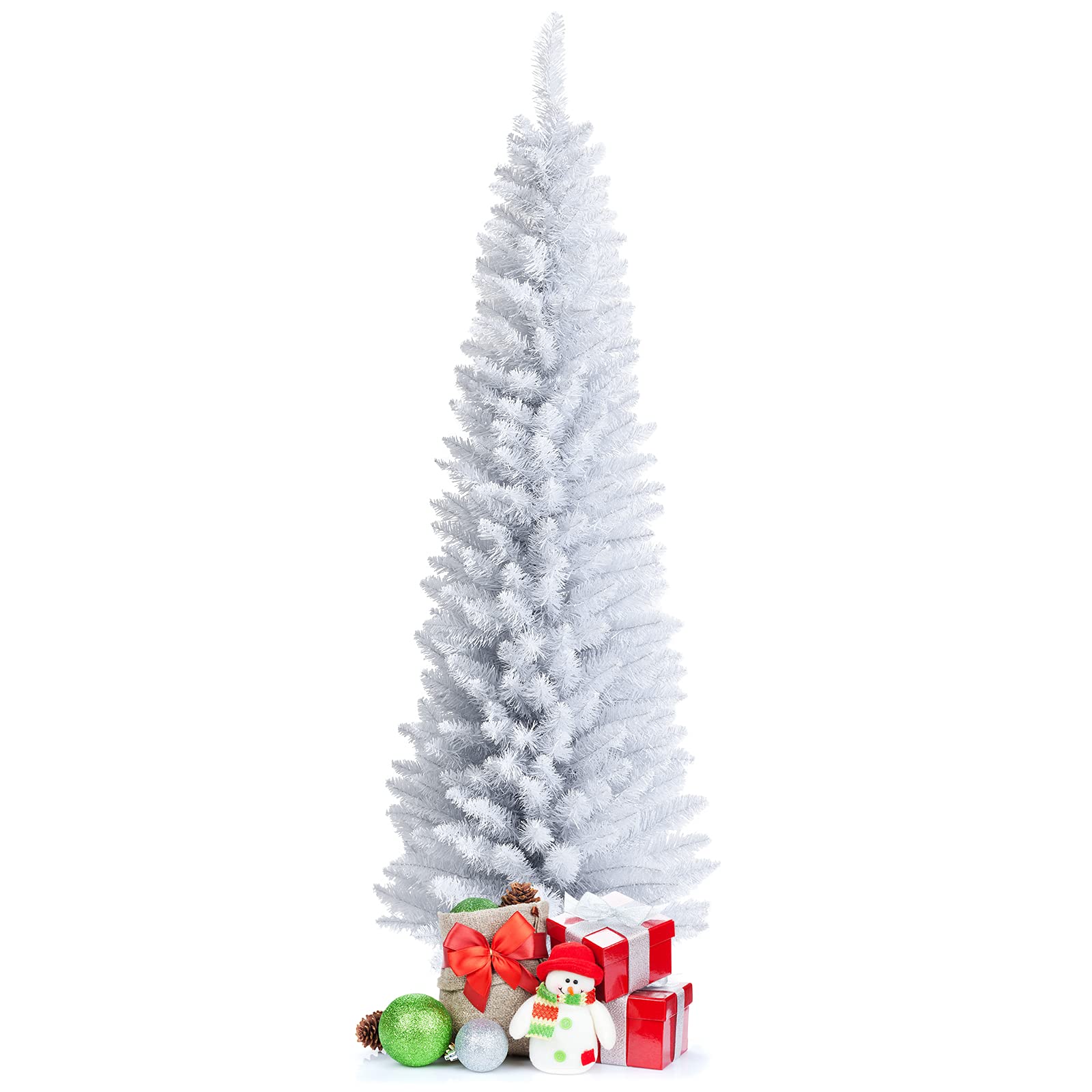 Goplus 6FT Pencil Christmas Tree, Artificial Slim White Christmas Tree with 340 PVC Needles & Folding Metal Stand, Unlit Xmas Tree for Home Office Shops Hotels Decoration - Image 2