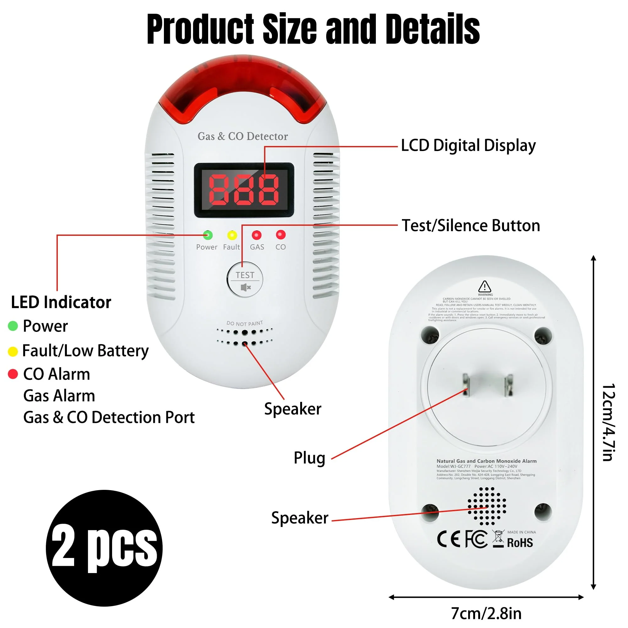GQIRIL Gas and Carbon Monoxide Detector - Natural Gas Leak and Smoke CO Detector Portable Plug in, 2-in-1 Carbon-Monoxide Combination Alarm with Light - Natural for Home Kitchen Car RV Travel, 2Pack - Image 6