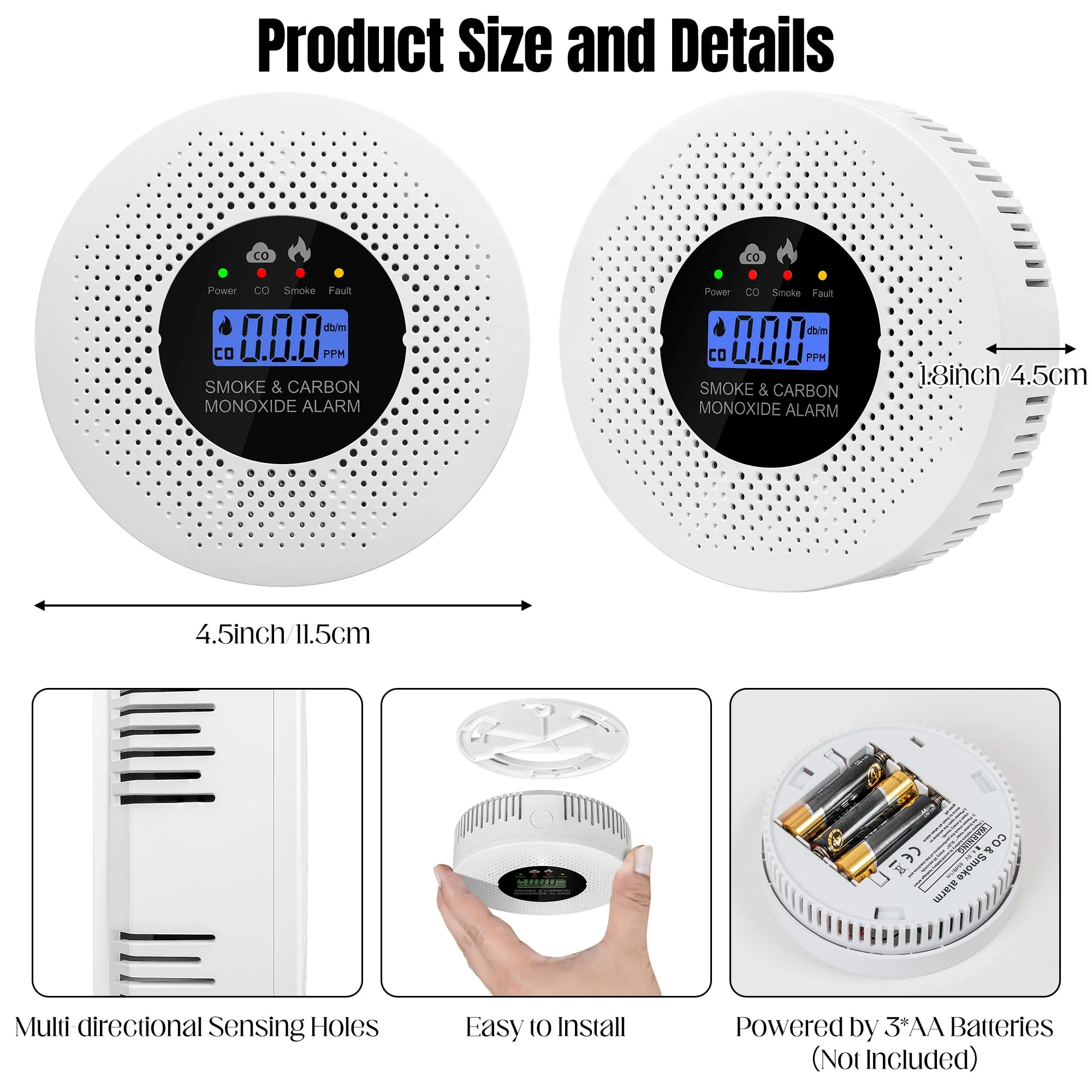 GQIRIL Smoke and Carbon Monoxide Detector - 2-in-1 Fire CO Smoke Alarm Combo Battery Powered, Portable Dual Sensor Warning Light with Digital Display for Cars Kitchen Home Garage (No Battery) 2 Pack - Image 5
