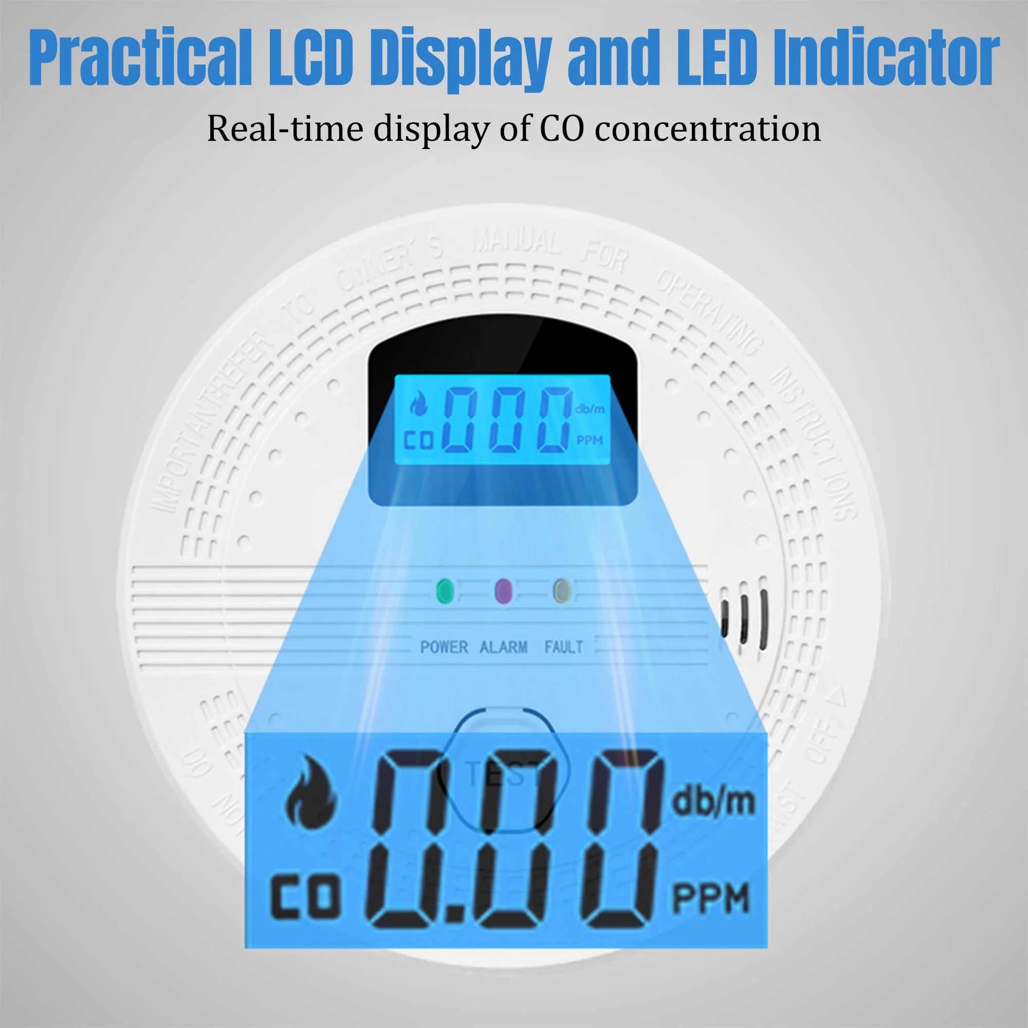 GQIRIL Smoke and Carbon Monoxide Detector - Battery Powered Monoxide Alarm with Dual Sensor and Digital Display, Portable Fire and CO Warning Light Indicators for Kitchen Home Garage (No Battery) - Image 3