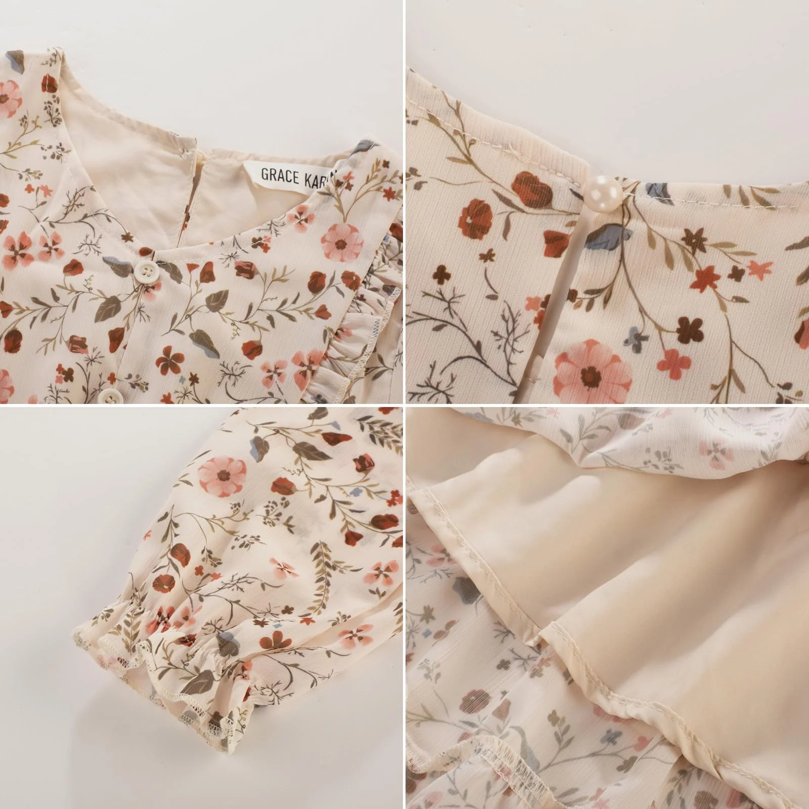 GRACE KARIN Girls Dresses Size 10-12 Kids Fall Winter Christmas Party Long Sleeve Holiday Hawaiian Floral Dress Apricot - Image 2