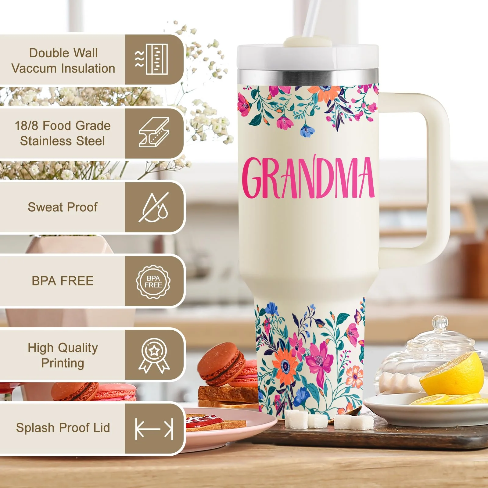 Grandma Gifts Birthday Gifts for Grandma Great Grandmother Gift Ideas Best Grandmother Gift from Granddaughter Grandson for Mothers Day Christmas 40oz Travel Cup Insulated Tumbler with Lid & Straw - Image 5