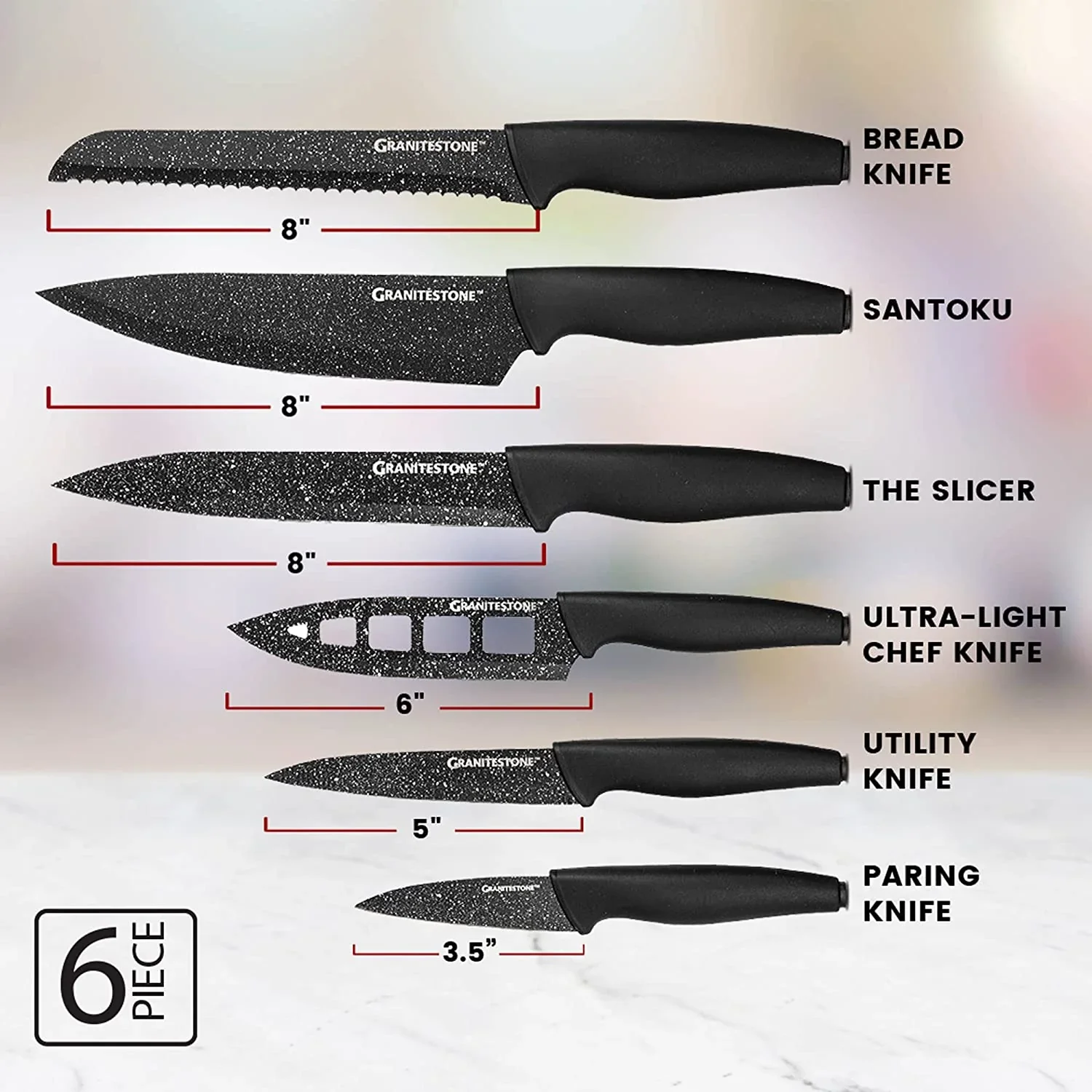 Granitestone Nutriblade Knife Set, High Grade Professional Chef Kitchen Knives Set, Toughened Stainless Steel with Nonstick Mineral Coating, Rubberized Ergonomic Grip, Dishwasher Safe - Image 2
