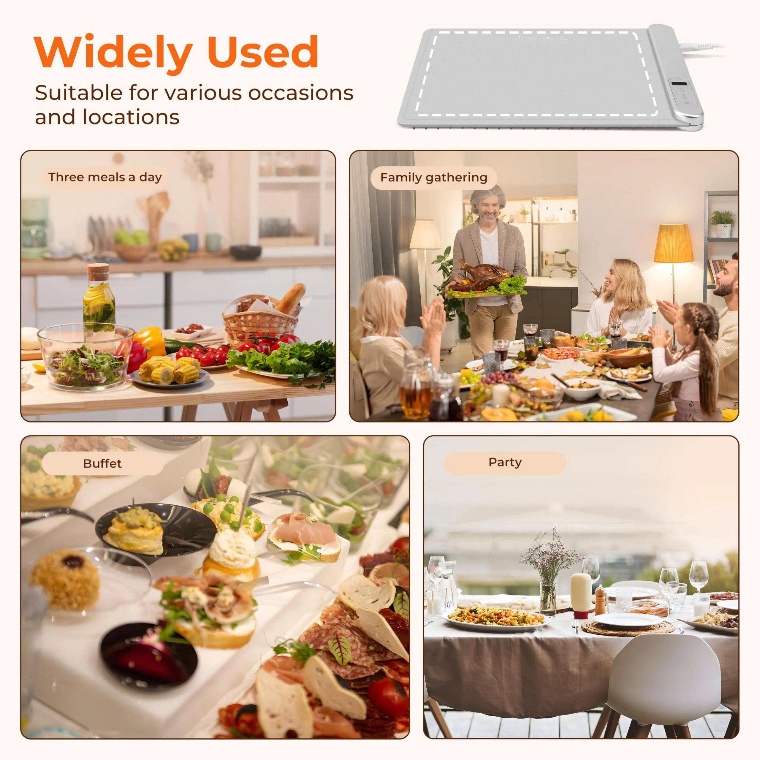 Graphene Warming Mat for Food, Electric Warming Tray with 6 Temp & 6H Timer, 300W Full Surface Heating, Waterproof Foldable Mat for Countertop, Parties, Buffets, Home Use (Light Gray) - Image 3