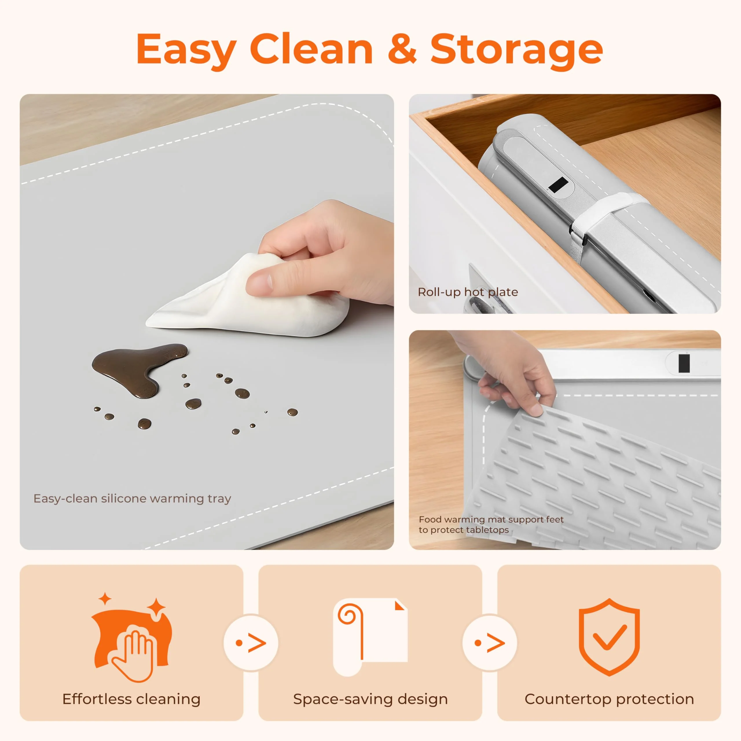 Graphene Warming Mat for Food, Electric Warming Tray with 6 Temp & 6H Timer, 300W Full Surface Heating, Waterproof Foldable Mat for Countertop, Parties, Buffets, Home Use (Light Gray) - Image 6