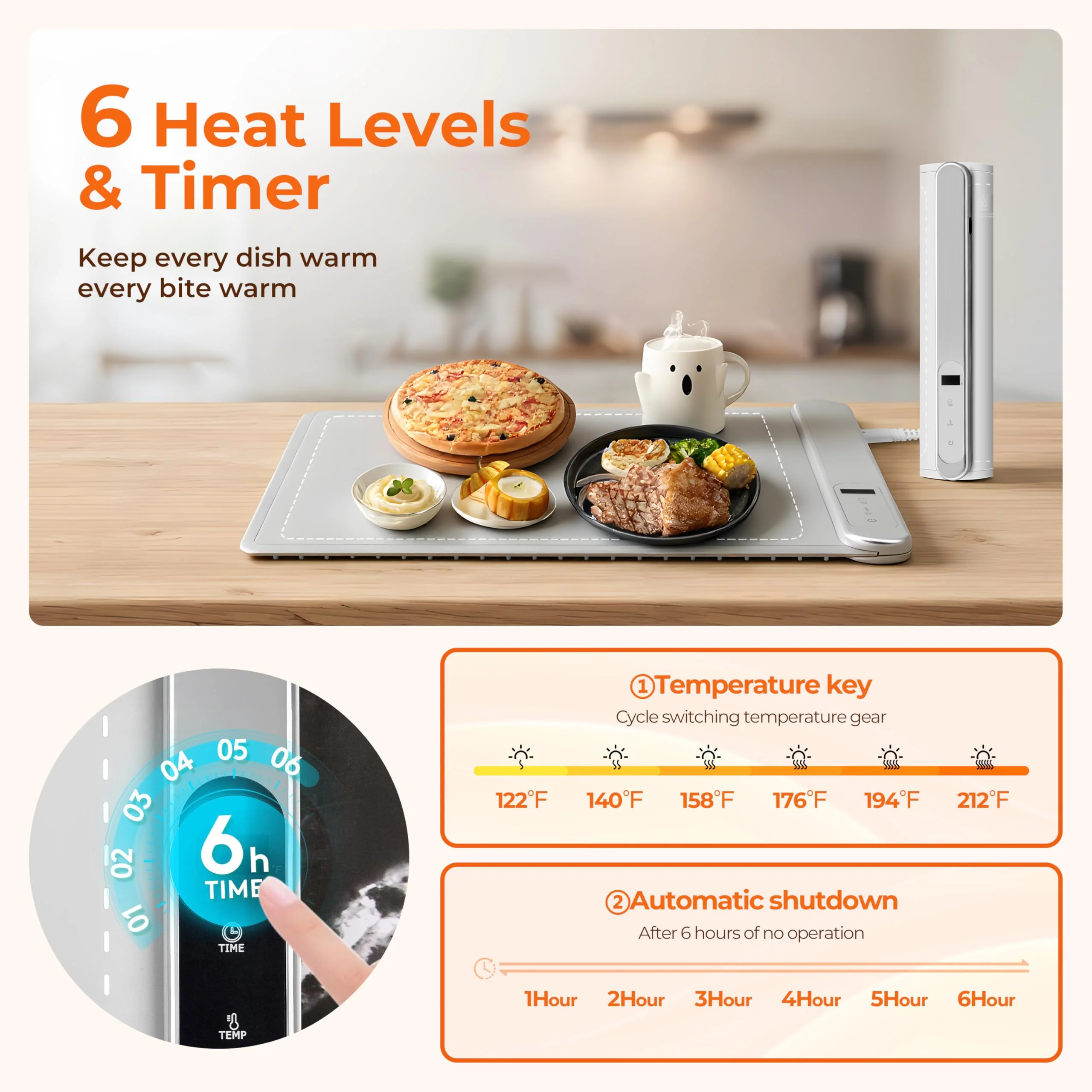 Graphene Warming Mat for Food, Electric Warming Tray with 6 Temp & 6H Timer, 300W Full Surface Heating, Waterproof Foldable Mat for Countertop, Parties, Buffets, Home Use (Light Gray) - Image 8