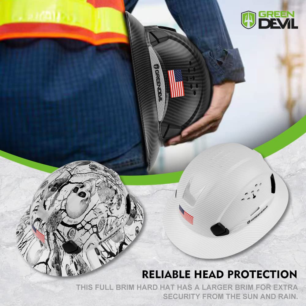 GREEN DEVIL Full Brim Hard Hat Vented Construction Safety Helmet OSHA Approved Cascos De Construccion Work Hardhat for Men&Women 6 Point Adjustable Ratchet Suspension Custom Pattern Design - Image 2