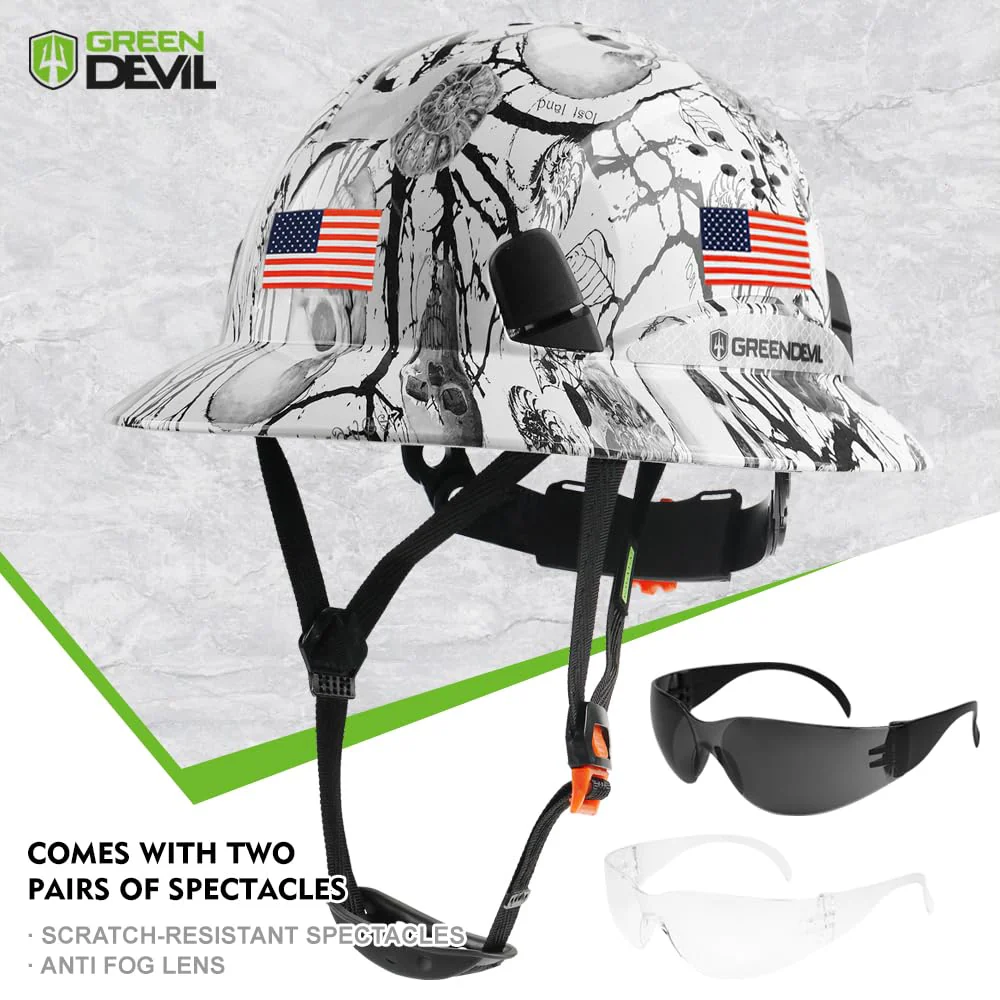 GREEN DEVIL Full Brim Hard Hat Vented Construction Safety Helmet OSHA Approved Cascos De Construccion Work Hardhat for Men&Women 6 Point Adjustable Ratchet Suspension Custom Pattern Design - Image 6